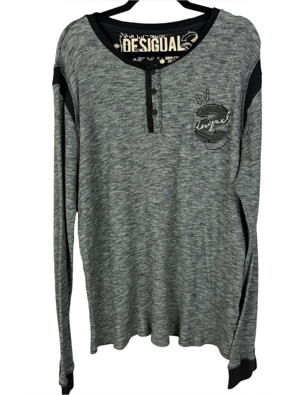 Desigual Men's Grey Space Dye Henley Long Sleeve XL Top Cotton